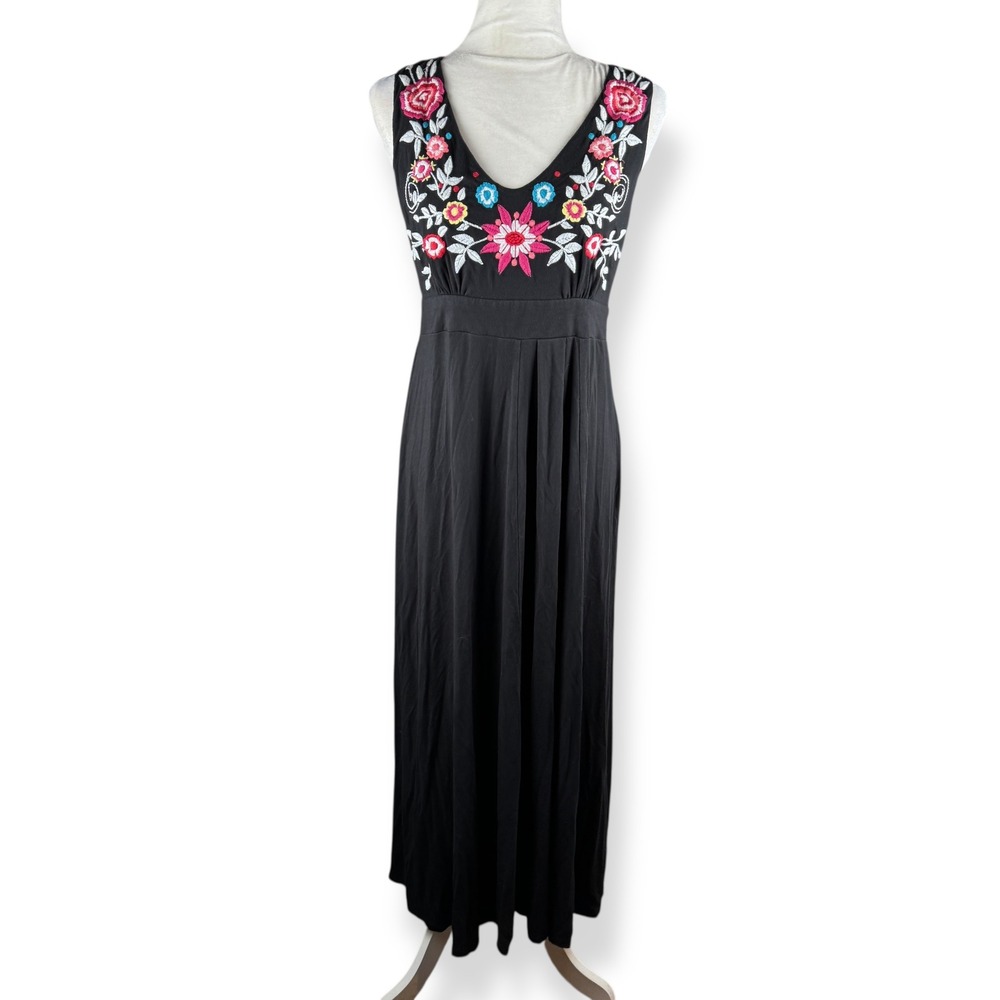 CAITE Embroidered Maxi Dress Womens Size Large Black Floral Boho Garden Party